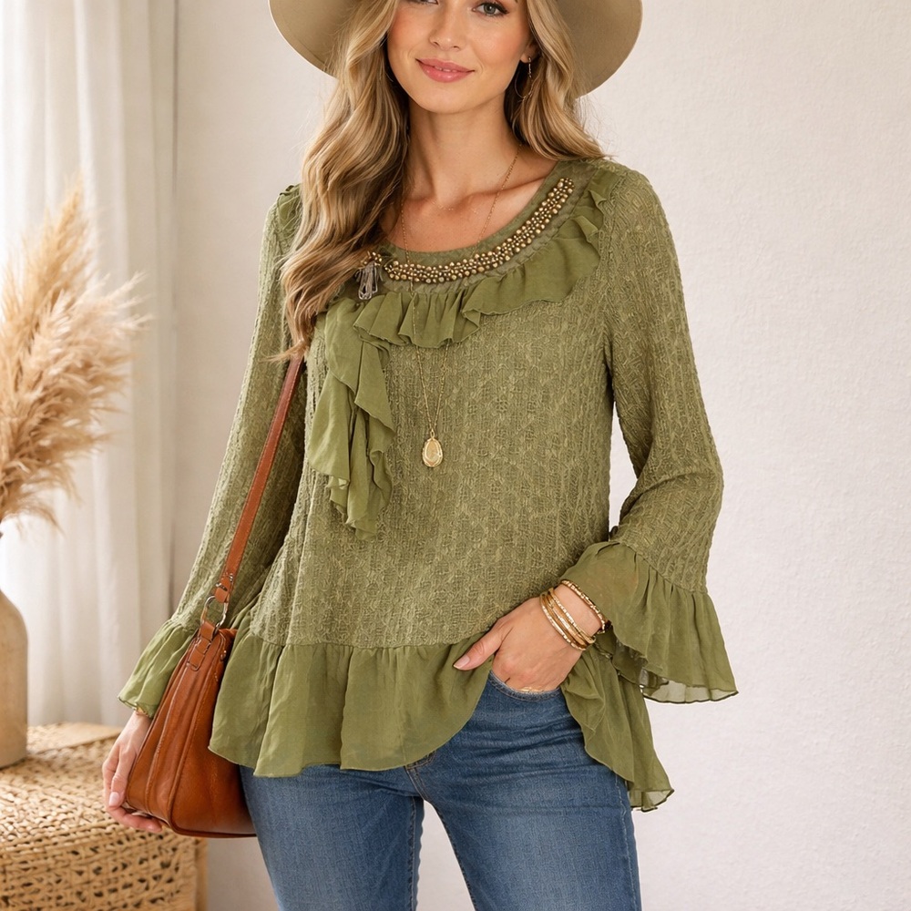 Olive Ruffle Boho Blouse - Picture 1 of 9